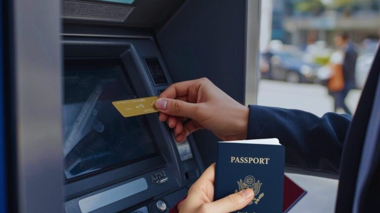 ATM machine with inserted bank card and travel wallet beside passport on clean urban setting