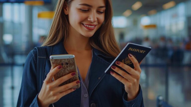 American traveler using mobile phone at airport with passport and travel documents before international departure