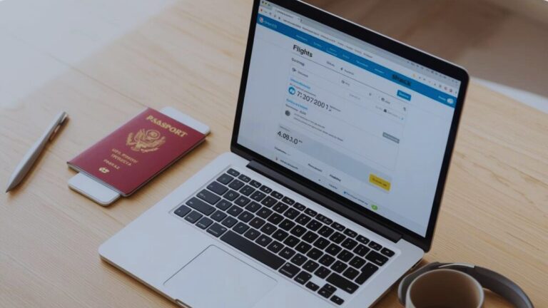 Passport and laptop organized for cheap flights search