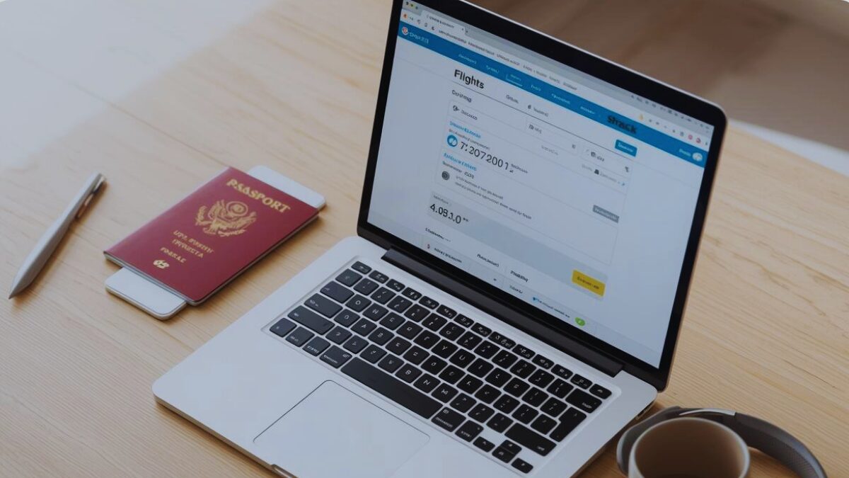 Passport and laptop organized for cheap flights search