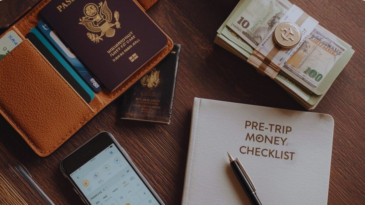 Flat lay of an aesthetic travel money checklist on a wooden desk: open passport, sleek travel wallet with cards partly visible, smartphone showing a budgeting app, foreign currency neatly stacked, a pen resting on a minimalist notebook labeled ‘Pre-Trip Money Plan,’ warm natural light, muted earth-tone color palette, cozy yet organized vibe.