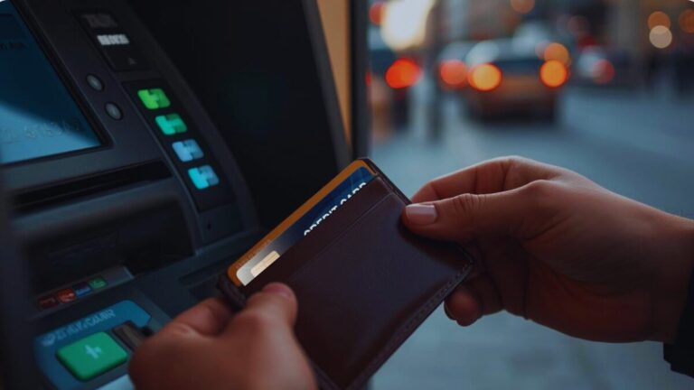 Traveler holding credit card while at foreign ATM abroad, international money, travel money tips