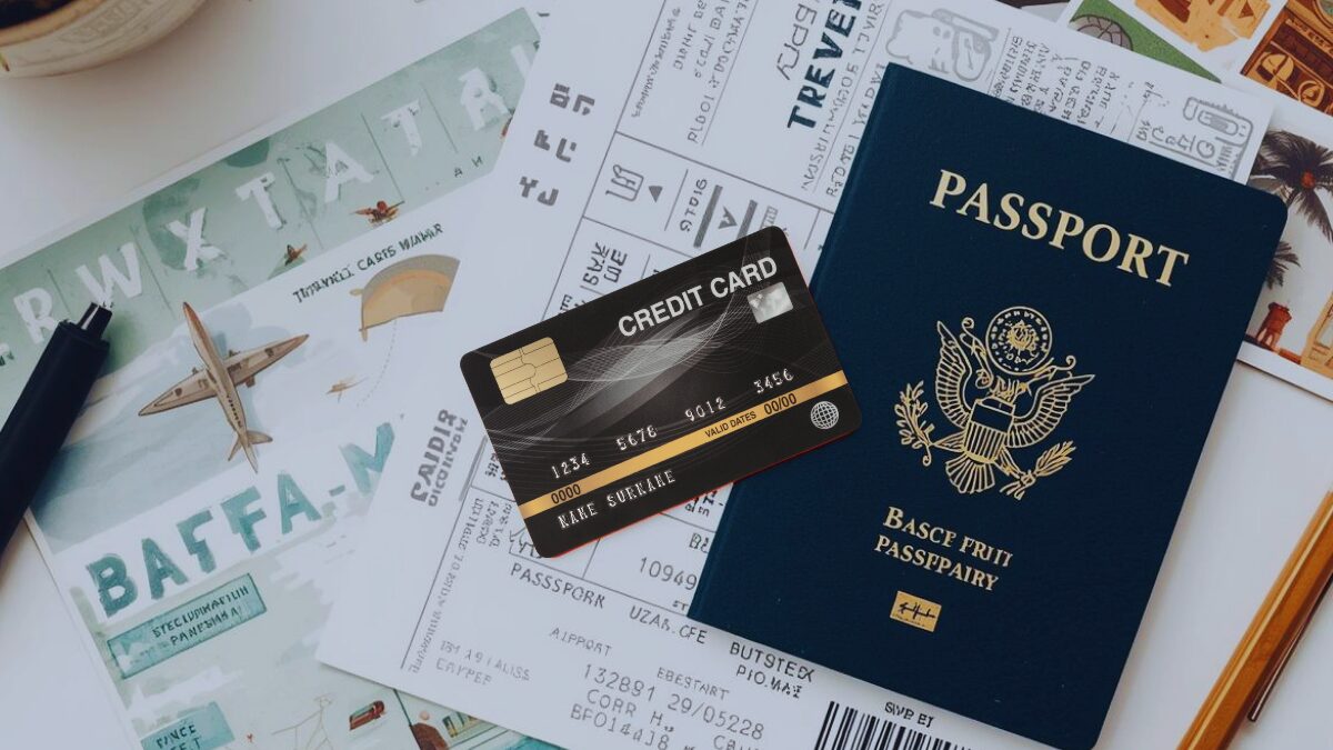 Credit card placed on top of passport and travel documents