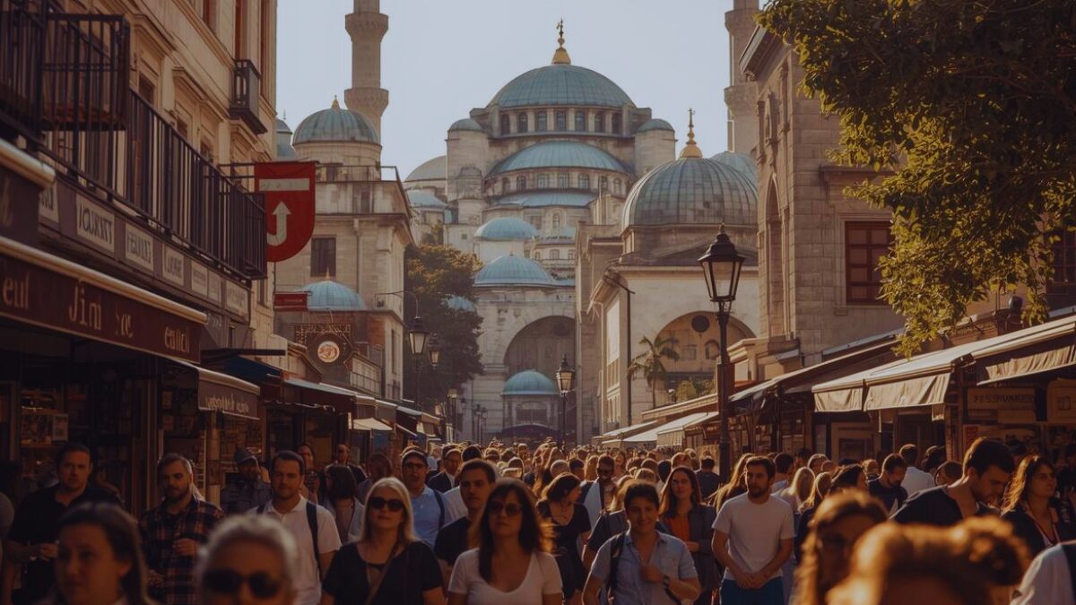 Tourists exploring historic Istanbul landmarks with cultural architecture, markets, and growing international visitor activity.