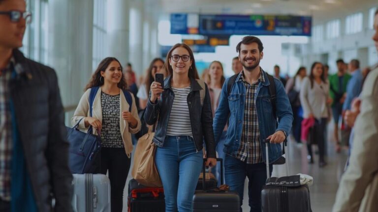International travelers arriving at busy airport terminal with luggage amid rising travel demand and global tourism trends