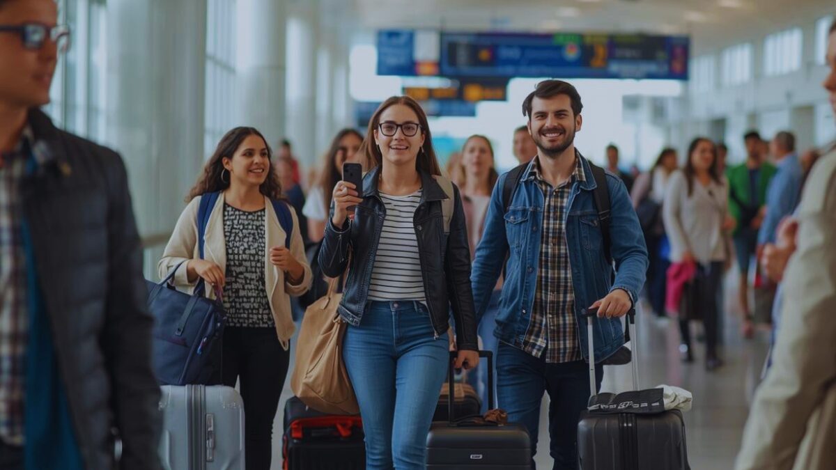 International travelers arriving at busy airport terminal with luggage amid rising travel demand and global tourism trends