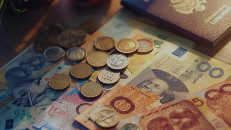Currency notes and coins arranged neatly on table with passport and travel wallet in soft natural lighting