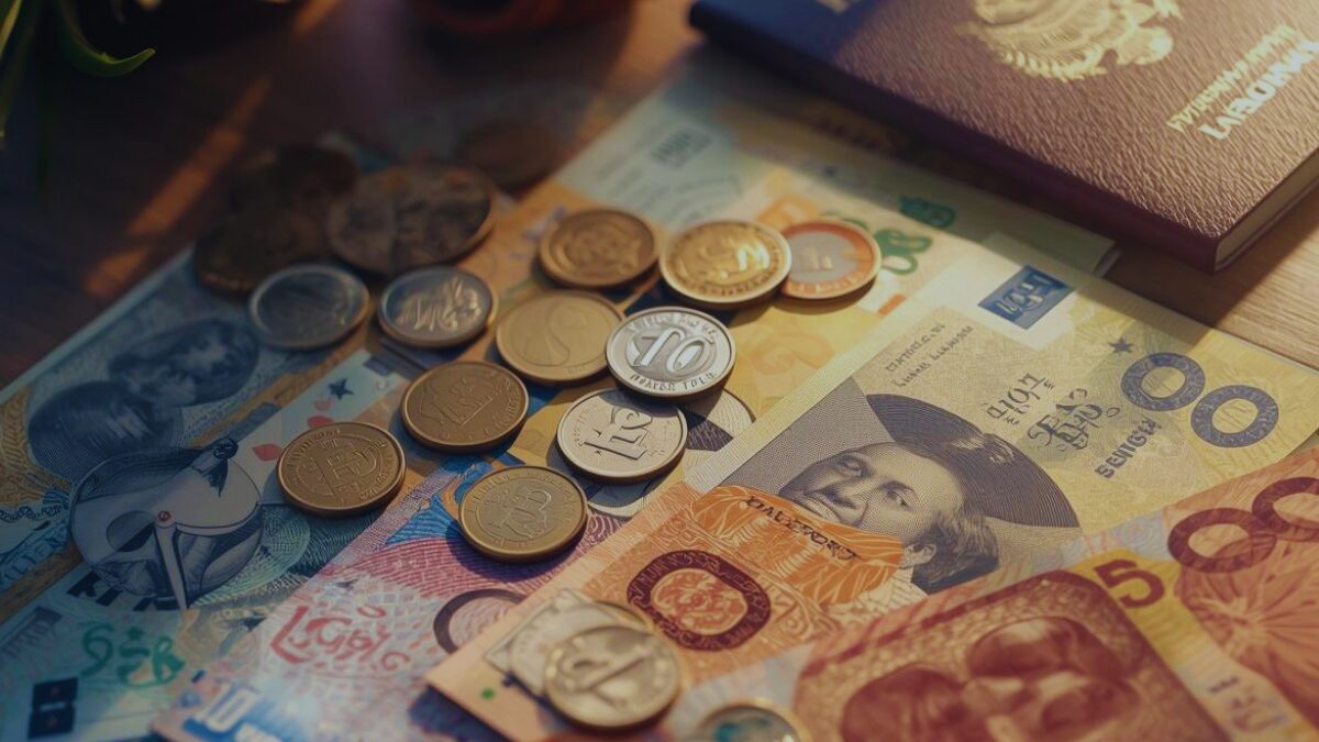 Currency notes and coins arranged neatly on table with passport and travel wallet in soft natural lighting