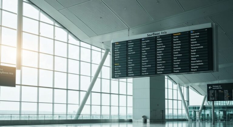 Empty airport departure board displaying flights to Southeast Asia