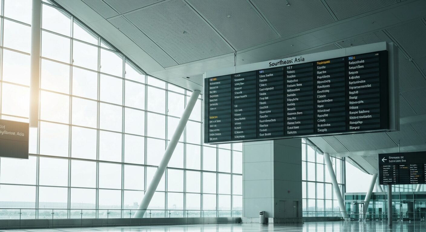 Empty airport departure board displaying flights to Southeast Asia