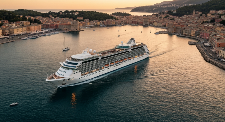 Modern cruise ship arriving in a vibrant Mediterranean port city at golden hour