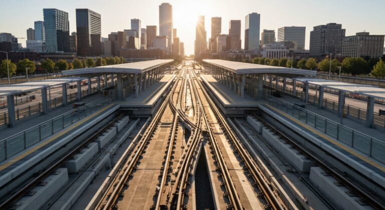 Newly installed light rail tracks converging at a modern station for Maryland's Purple Line.