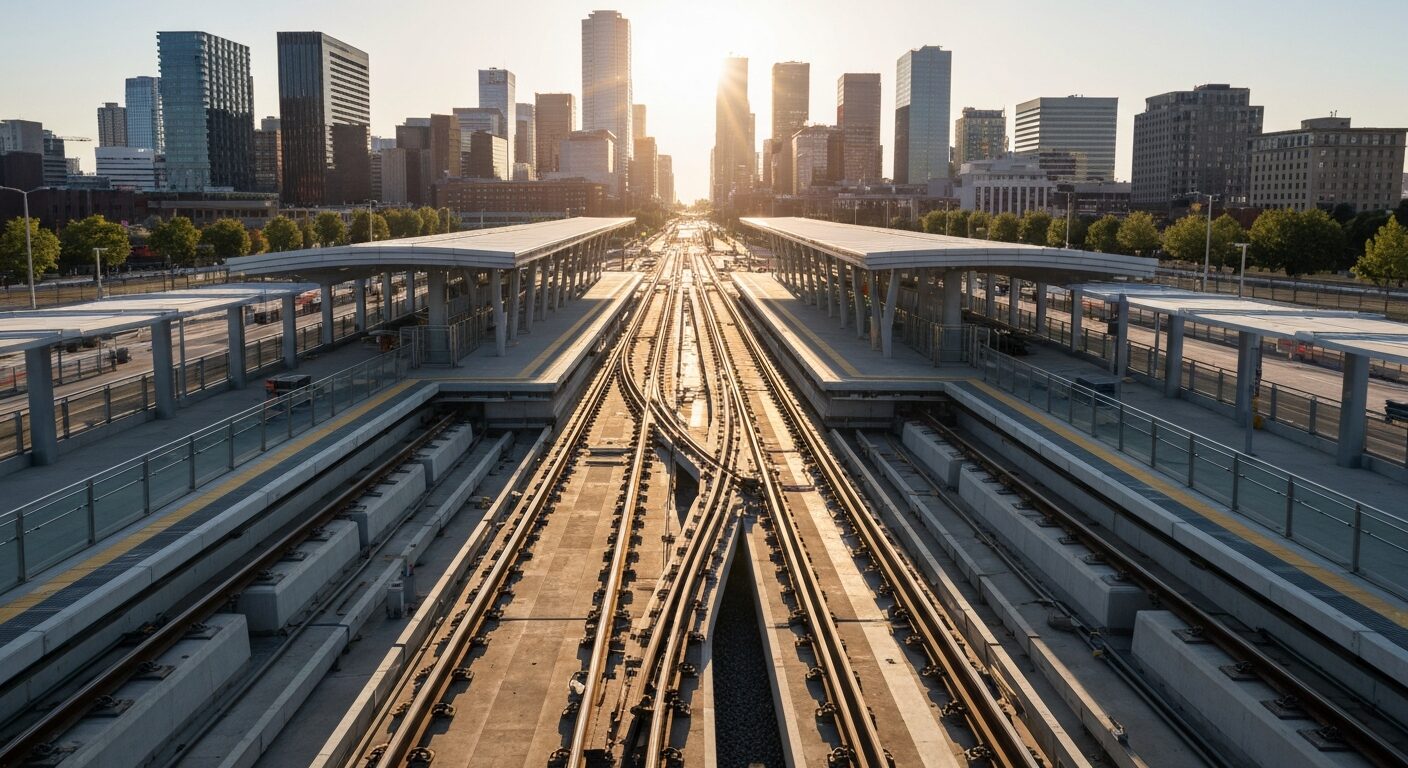 Newly installed light rail tracks converging at a modern station for Maryland's Purple Line.
