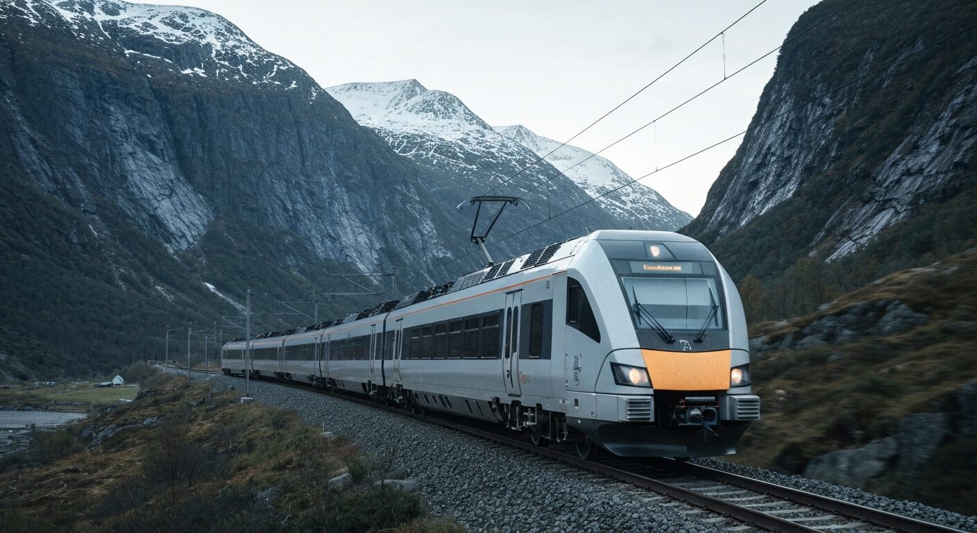 A sleek Class 73 electric train travels along the Meråker Line through a scenic Norwegian landscape, showcasing modern rail infrastructure.