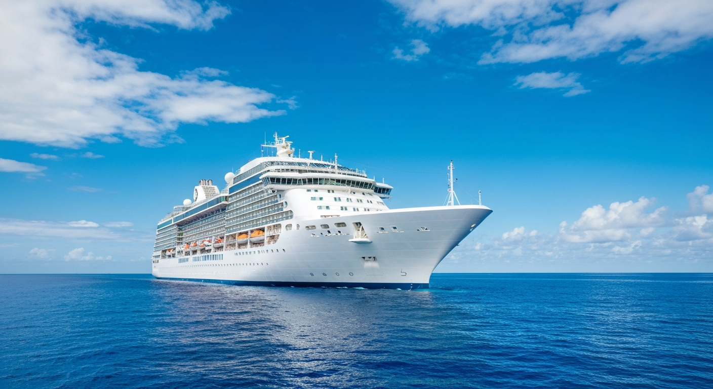 Recently refurbished cruise ship featuring a new bow crest sailing in the open ocean