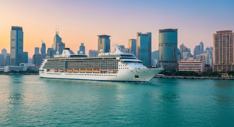 Luxury cruise ship entering a modern Asian city harbor at sunrise.
