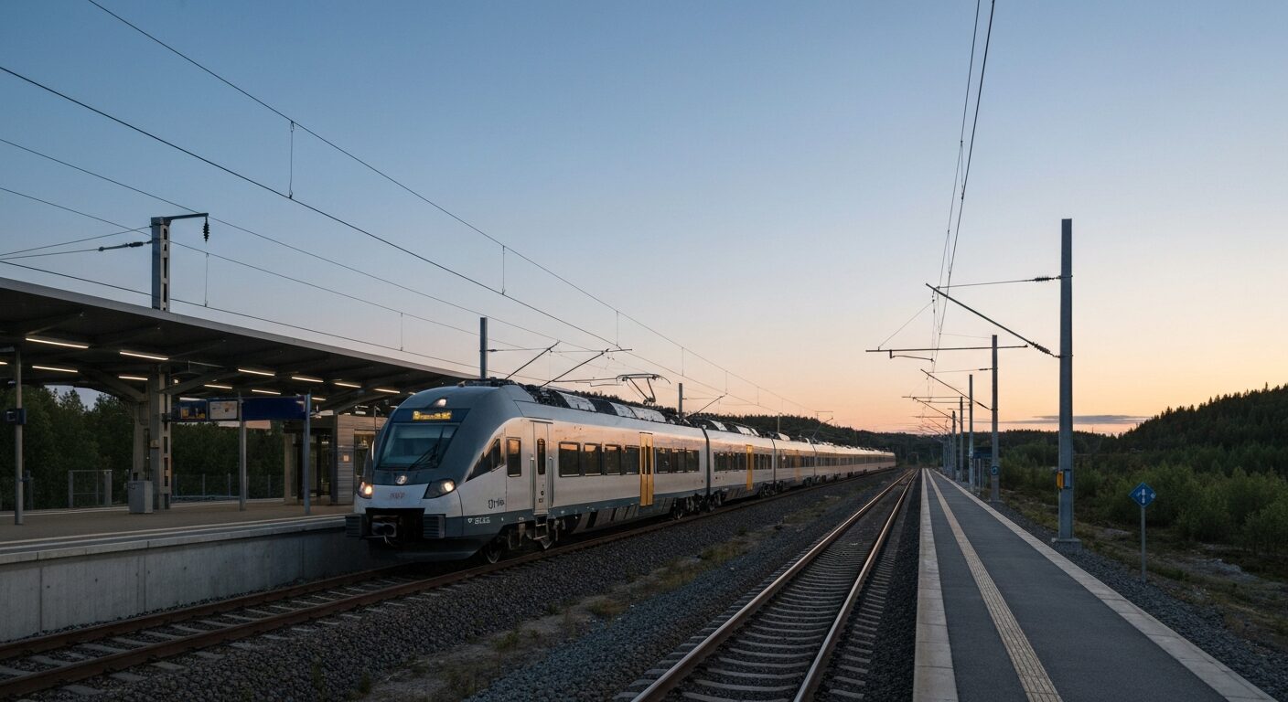A modern train traveling through a picturesque Nordic landscape, with a contemporary rail station in the background, symbolizing advanced rail infrastructure.