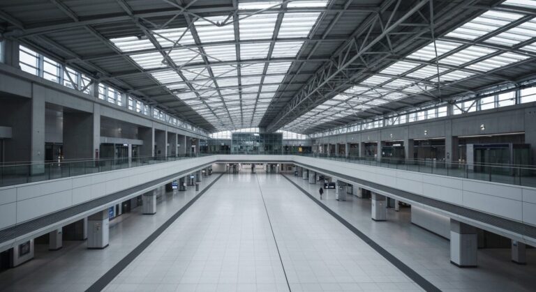 Modern, empty London train station concourse, showcasing architectural details.
