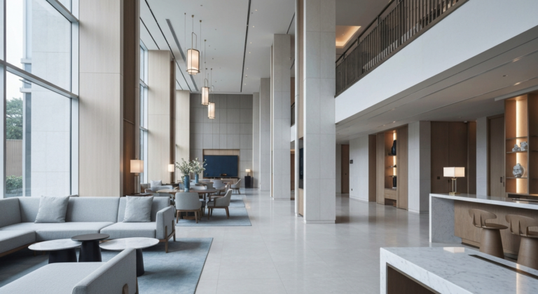 Spacious and elegantly designed modern hotel lobby interior with luxurious finishes