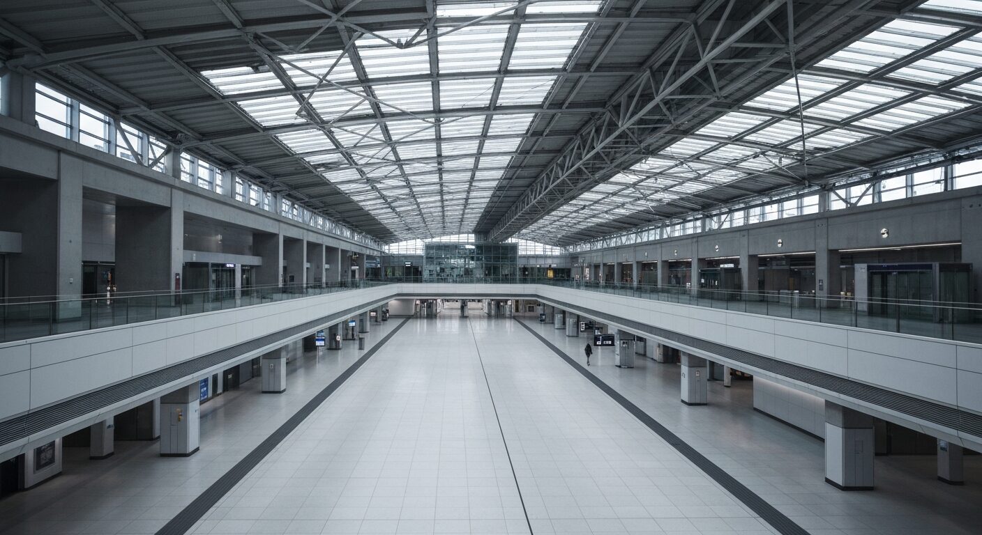 Modern, empty London train station concourse, showcasing architectural details.