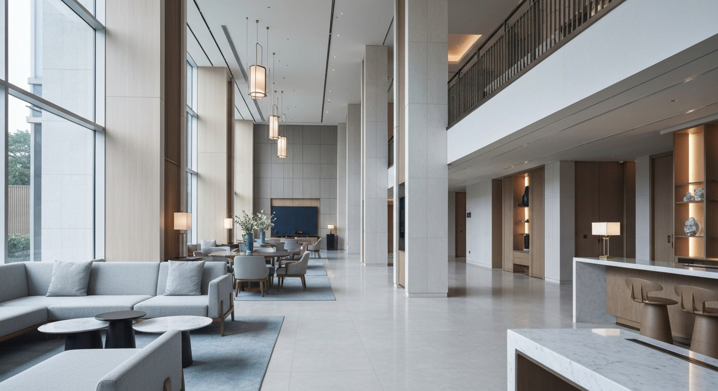 Spacious and elegantly designed modern hotel lobby interior with luxurious finishes