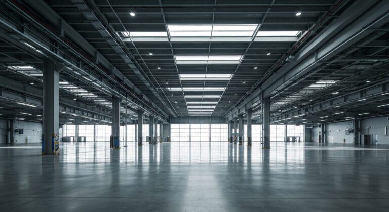 Empty, modern airport cargo bay with industrial architecture and natural light.