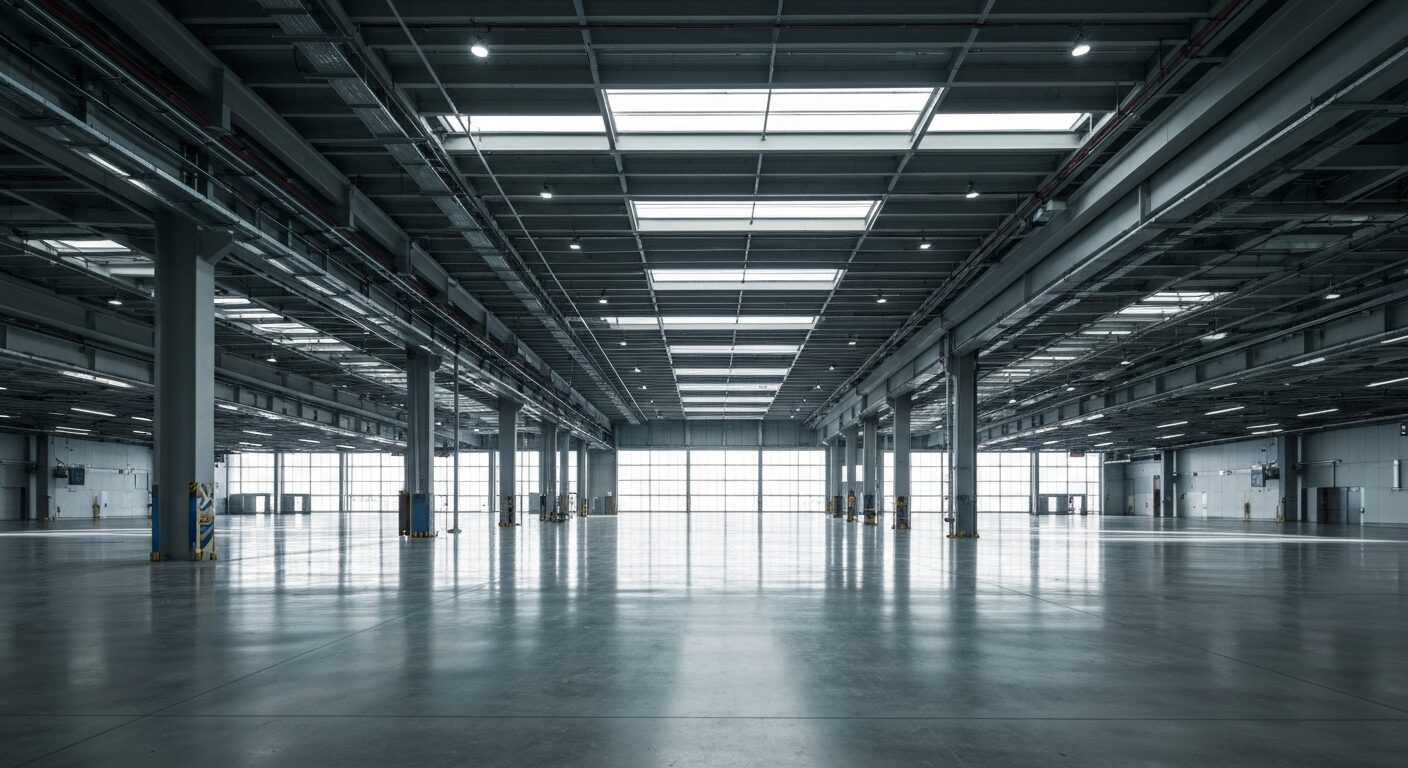 Empty, modern airport cargo bay with industrial architecture and natural light.