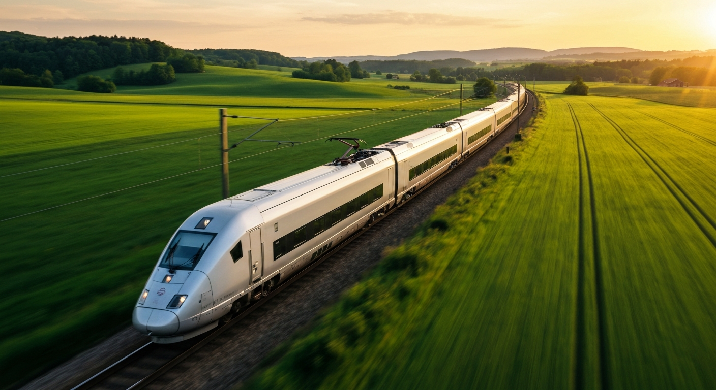 Modern high-speed train journeying through a vibrant European landscape at sunset