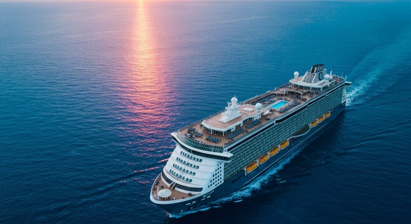 The Norwegian Joy cruise ship sailing on the open ocean, showcasing its grandeur and the serene maritime environment.