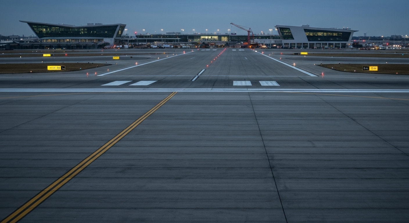 An empty LaGuardia Airport runway with construction equipment in the background during a temporary closure.