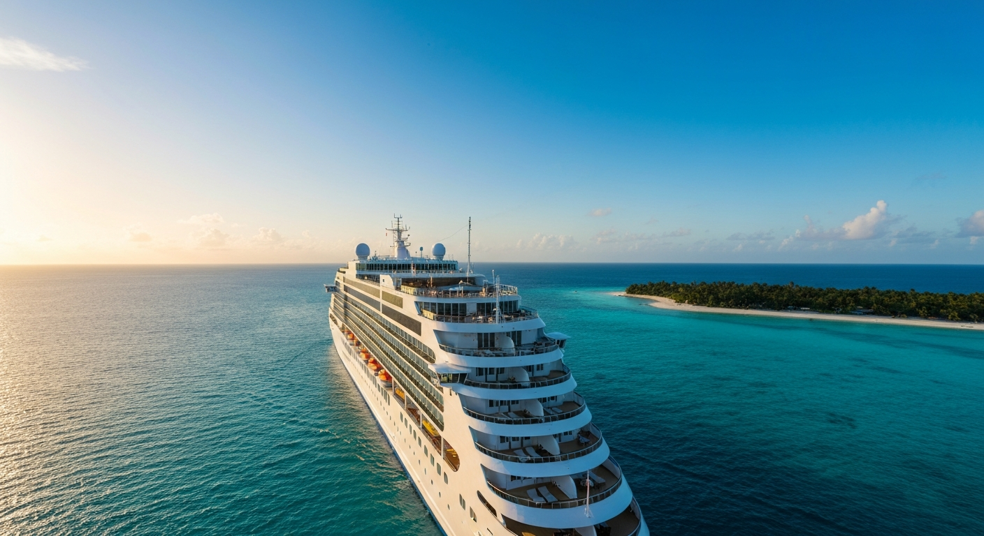 Luxurious cruise ship sailing tranquil tropical waters at sunset, serene and elegant maritime scene