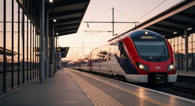 Modern Great British Railways train with new red, white, and blue livery at a vibrant station platform