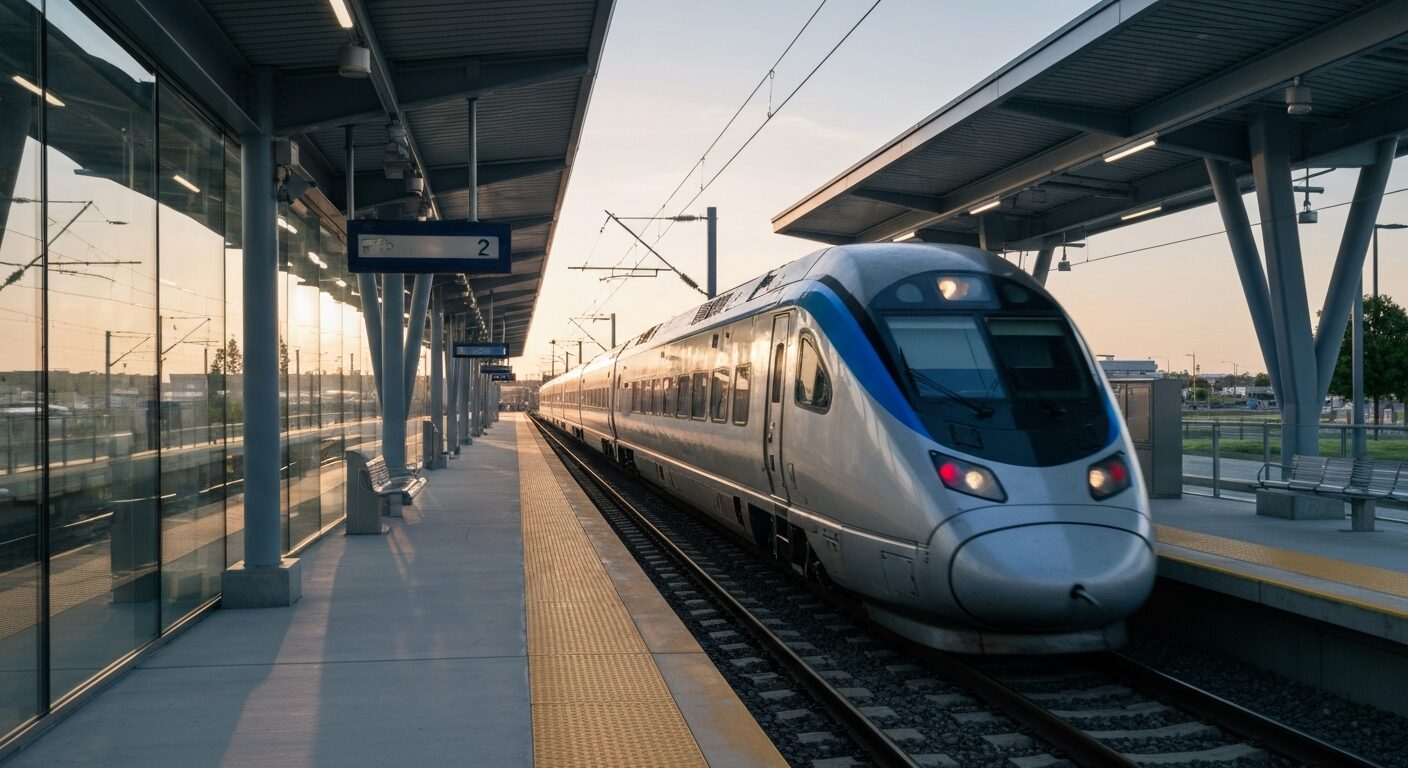 A sleek commuter train pauses at a well-designed, contemporary transit station under a clear sky.