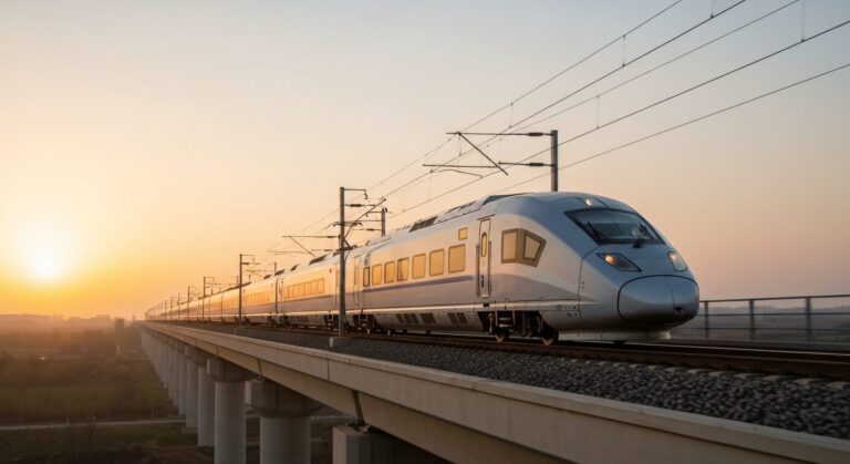 A modern, sleek passenger train crossing a high-tech railway bridge over a river during golden hour, with no visible people.