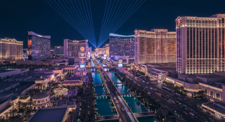 The illuminated Las Vegas Strip at night, featuring luxury hotels and event infrastructure.