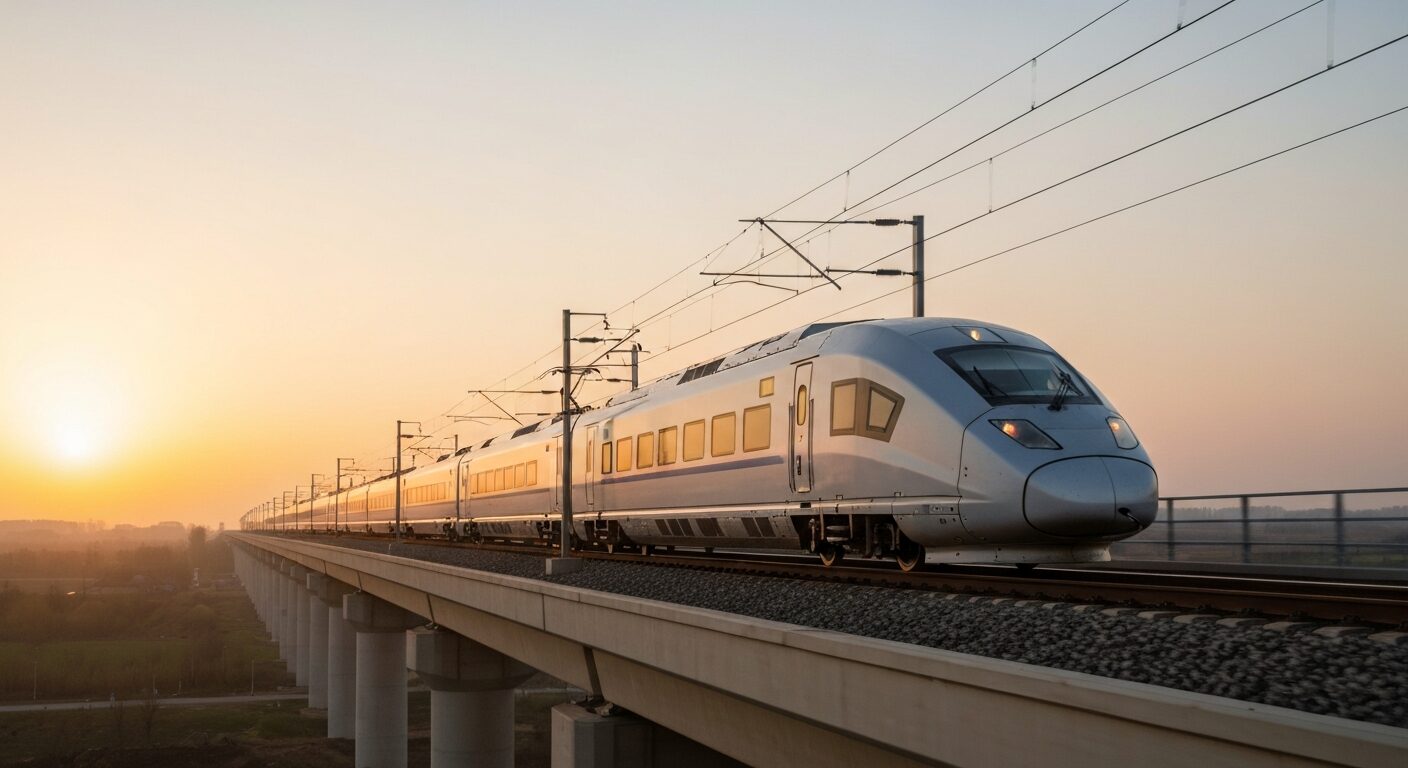 A modern, sleek passenger train crossing a high-tech railway bridge over a river during golden hour, with no visible people.