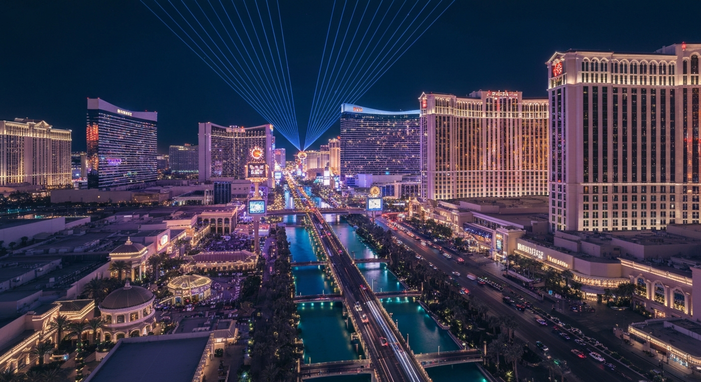 The illuminated Las Vegas Strip at night, featuring luxury hotels and event infrastructure.