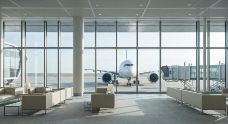 Empty modern airport boarding gate with premium lounge seating overlooking a wide-body aircraft.
