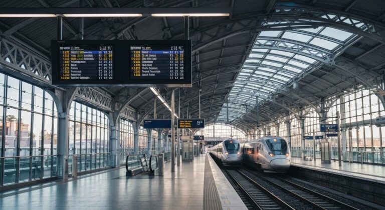 Sleek, modern Sydney train station platform with digital displays and a high-speed train, signifying advanced public transport infrastructure.