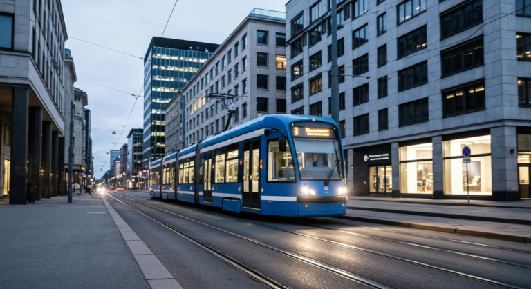 Modern tram glides through Helsinki city street under soft evening light