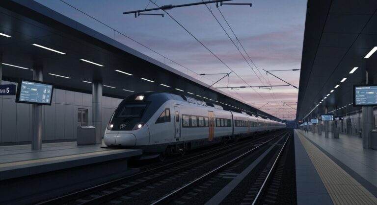 A modern, high-speed train arriving at a futuristic, well-lit station, showcasing advanced rail infrastructure and digital communication systems.