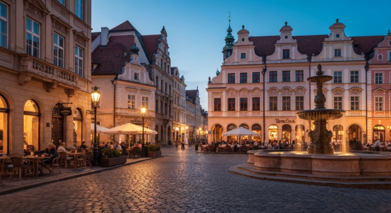 Charming European city square with historic buildings and inviting outdoor cafes at twilight.