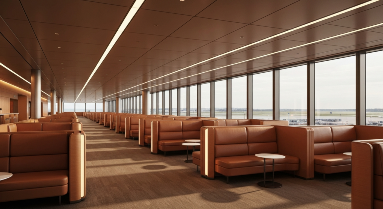 Spacious and luxurious oneworld airport lounge at London Heathrow, showcasing premium amenities.