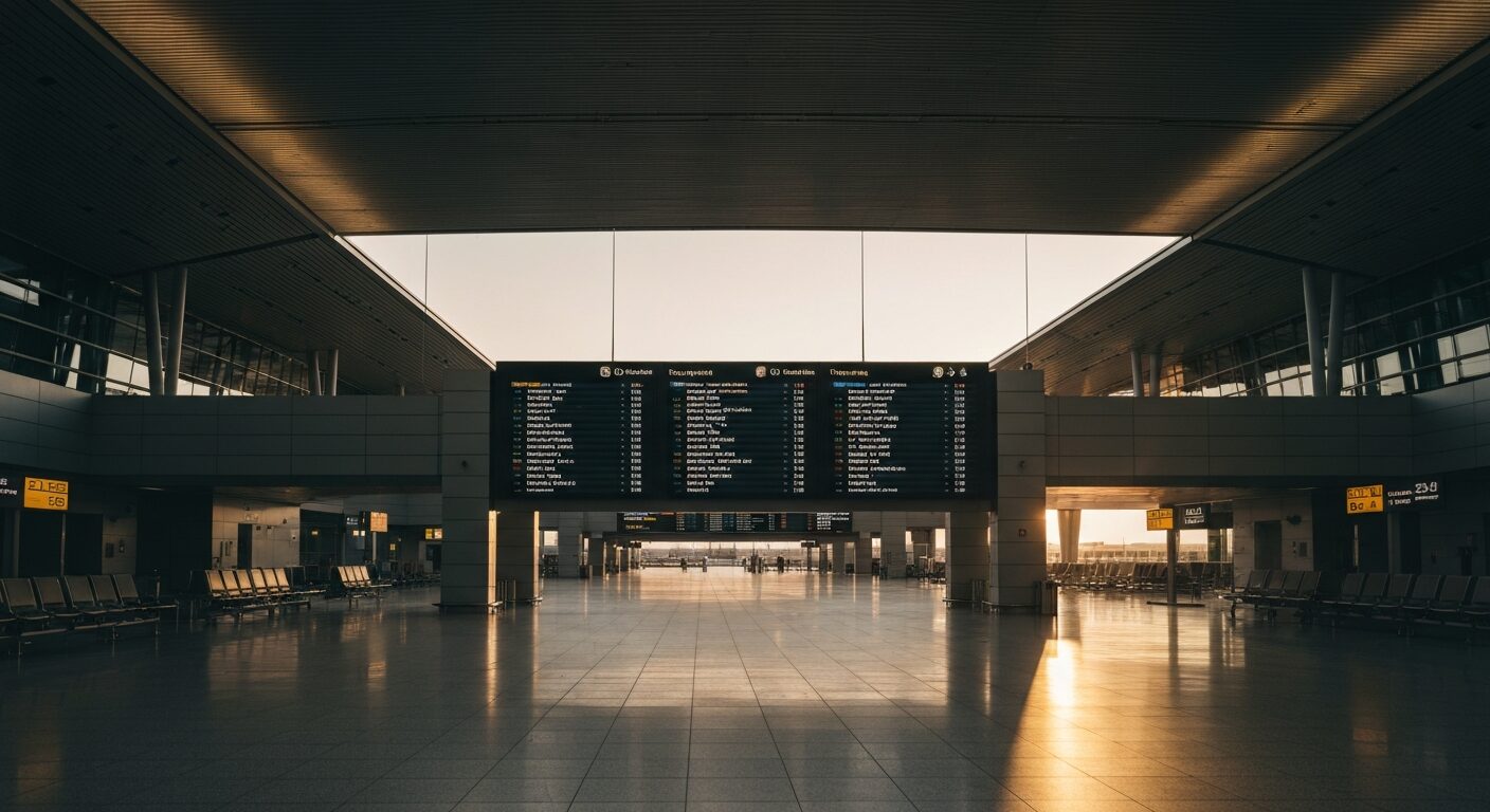 Empty, modern airport terminal with a large departure board displaying flight information, illuminated by soft morning light.
