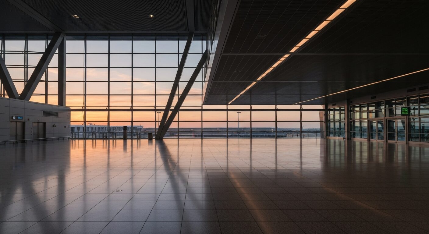 Empty modern airport terminal with architectural design and natural morning light.
