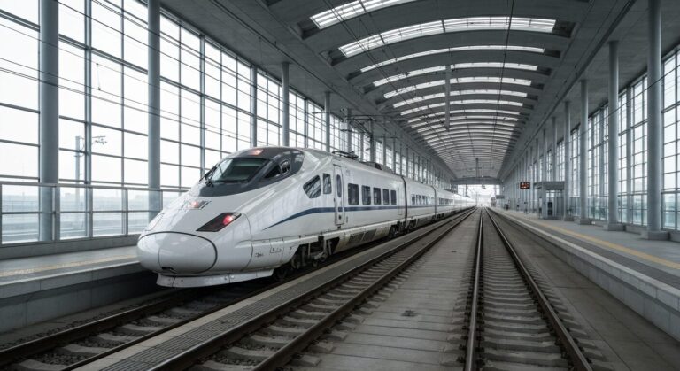 Modern high-speed train at a state-of-the-art rail terminal, symbolizing US rail modernization.