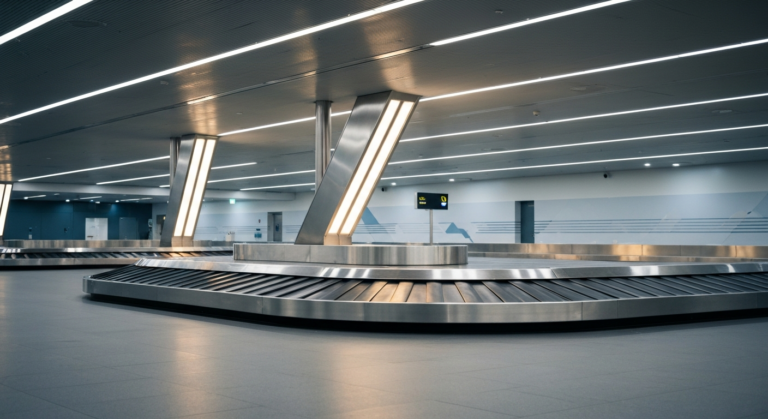Empty baggage carousel at Heathrow Airport with modern design and soft ambient lighting.