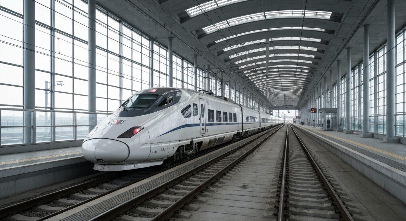 Modern high-speed train at a state-of-the-art rail terminal, symbolizing US rail modernization.