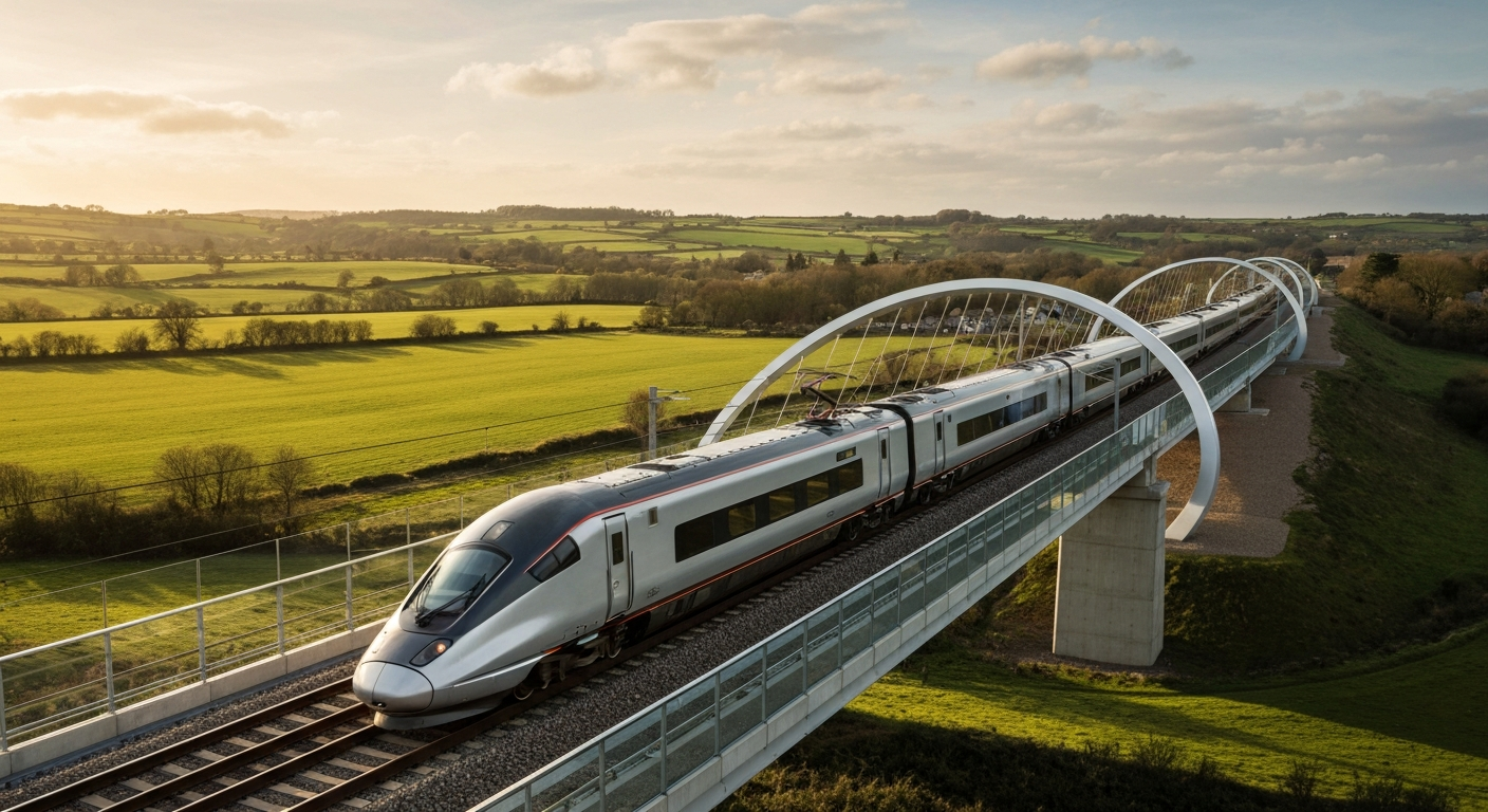 Modern high-speed train crossing a new rail bridge in the UK countryside.