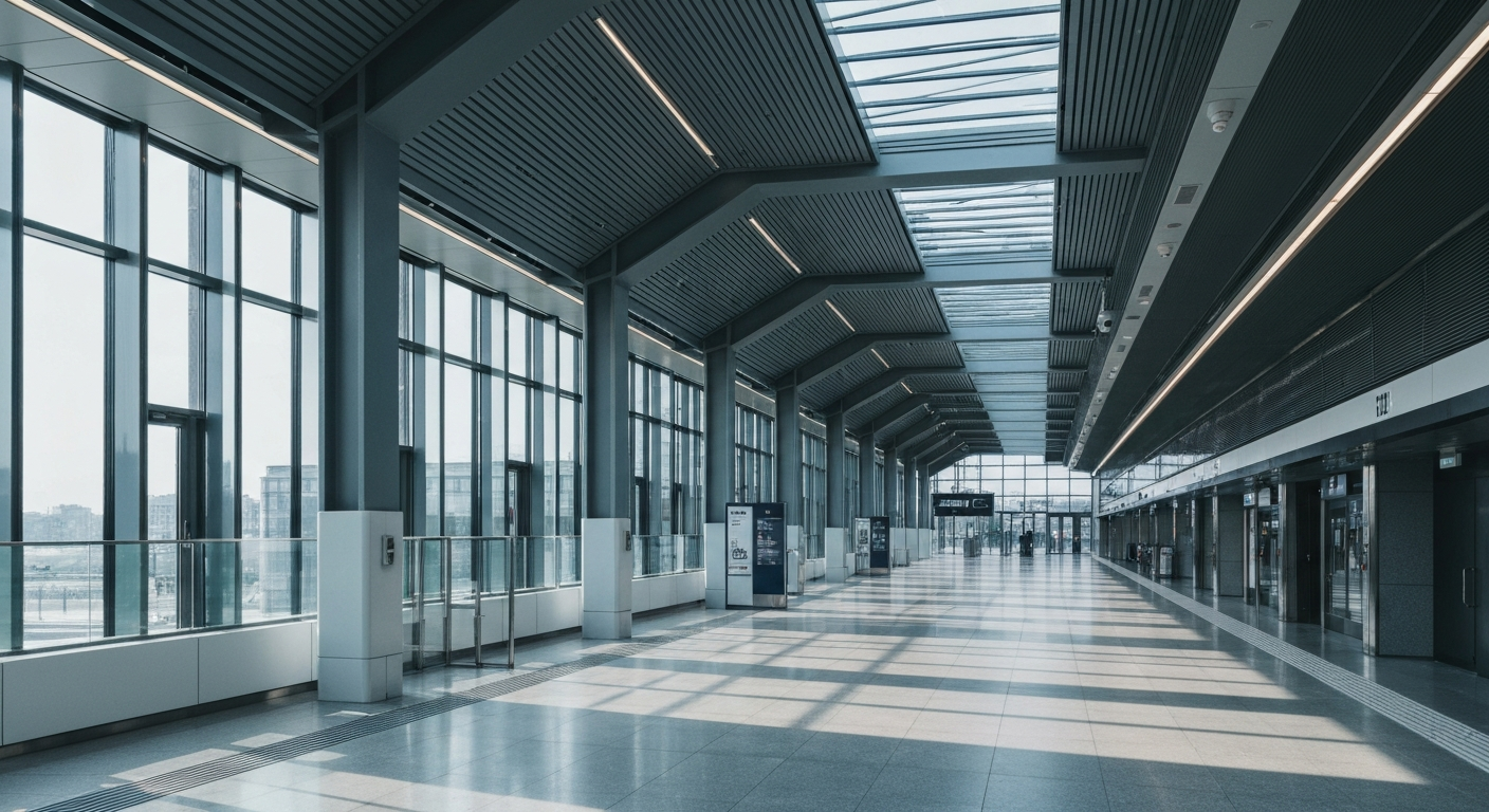 Modern, clean train station concourse with elegant architecture and atmospheric lighting, without passengers.